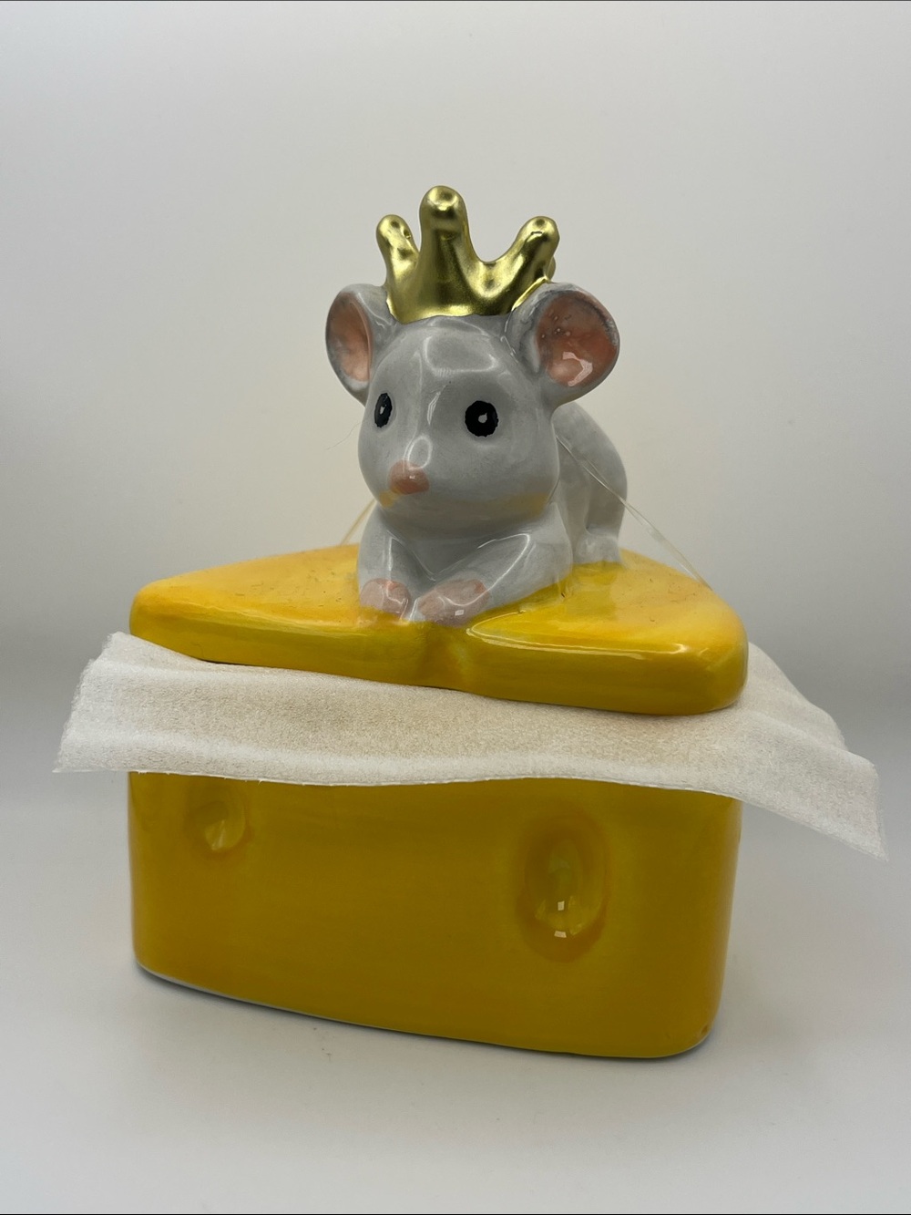 Ceramic Mouse on Cheese Trinket Box - Gray & Yellow